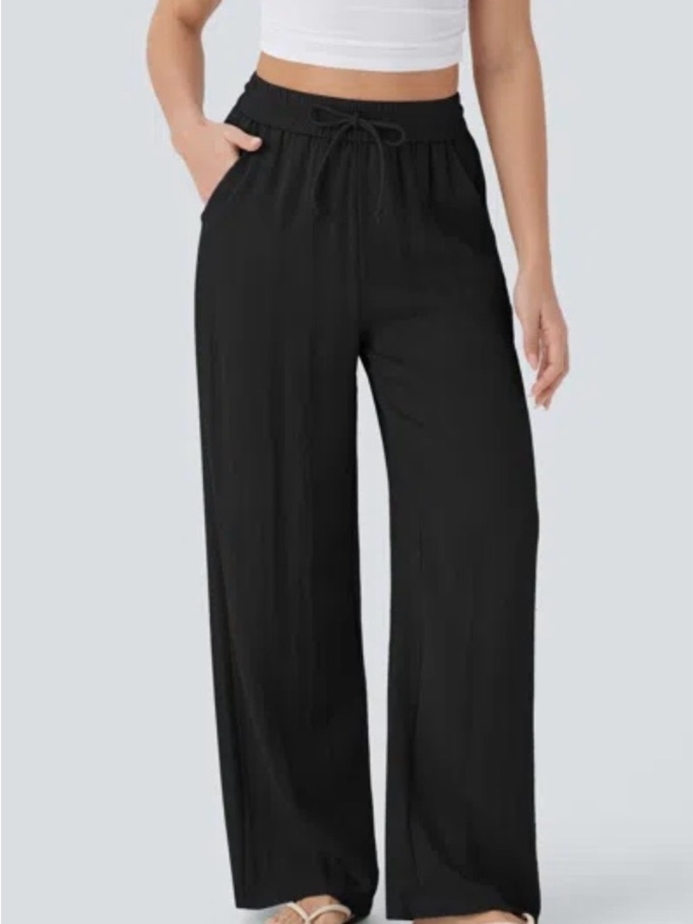 Halara High Waisted Drawstring Pocket Wide Leg Baggy Casual Linen-Feel Pants